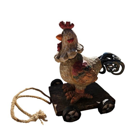 Rustic Wooden "Pull" Ceramic Chicken Folk Art Farmhouse Decor Unique Gift - Picture 3 of 9